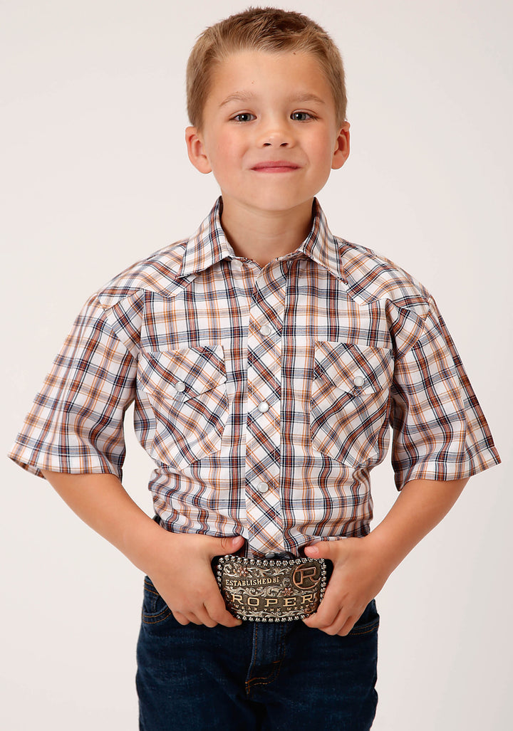 BOYS SHORT SLEEVE SNAP NAVY  GOLD  RUST WINDOWPAIND PLAID WESTERN SHIRT