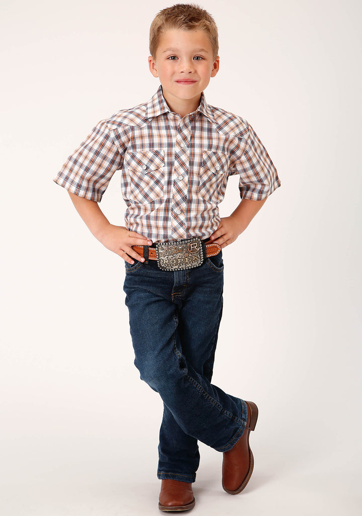 BOYS SHORT SLEEVE SNAP NAVY  GOLD  RUST WINDOWPAIND PLAID WESTERN SHIRT