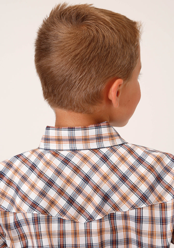 BOYS SHORT SLEEVE SNAP NAVY  GOLD  RUST WINDOWPAIND PLAID WESTERN SHIRT