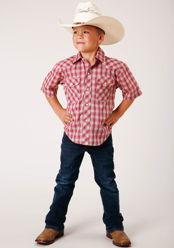 BOYS SHORT SLEEVE SNAP RED AND MULTI COLORED SMALL SCALE WESTERN SHIRT