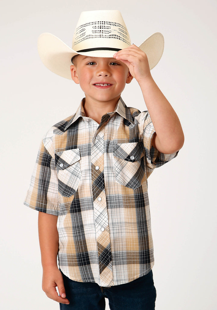 BOYS SHORT SLEEVE SNAP BLACK  KHAKI  WHITE PLAID WESTERN SHIRT