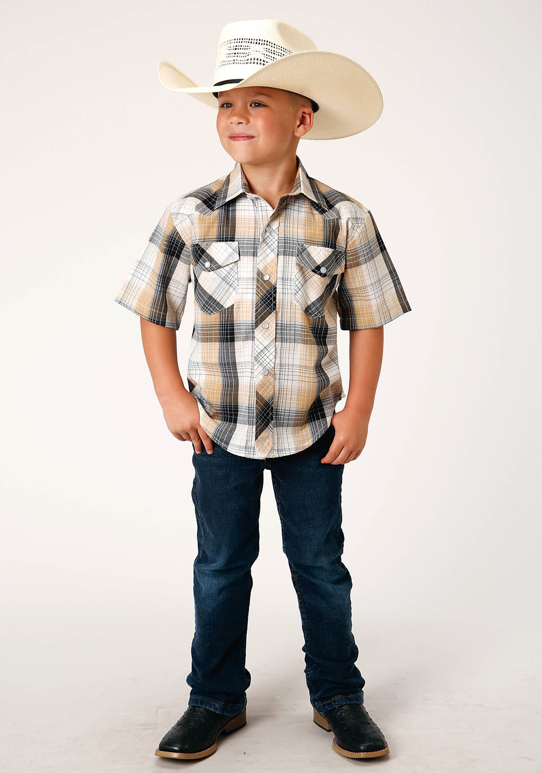 BOYS SHORT SLEEVE SNAP BLACK  KHAKI  WHITE PLAID WESTERN SHIRT