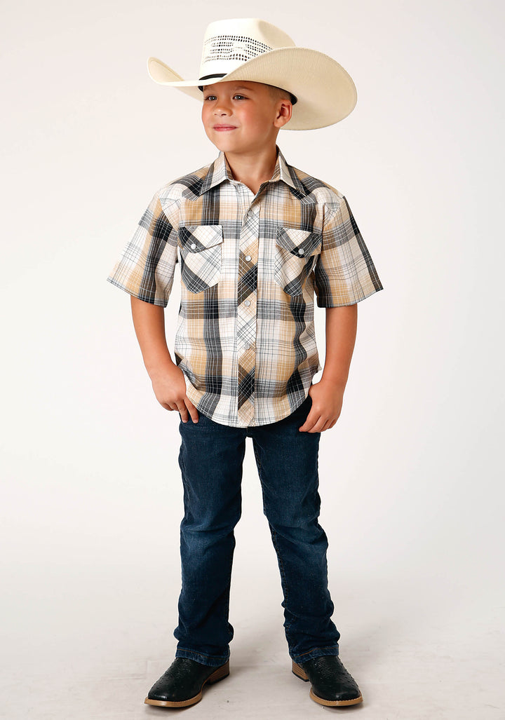 BOYS SHORT SLEEVE SNAP BLACK  KHAKI  WHITE PLAID WESTERN SHIRT