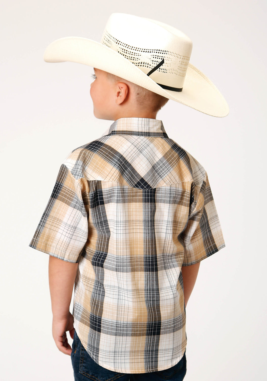 BOYS SHORT SLEEVE SNAP BLACK  KHAKI  WHITE PLAID WESTERN SHIRT
