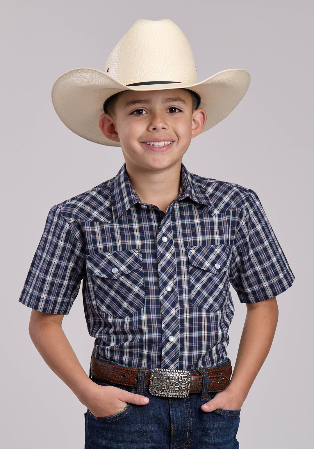 BOYS ROPER NAVY PLAID SHORT SLEEVE SNAP SHIRT