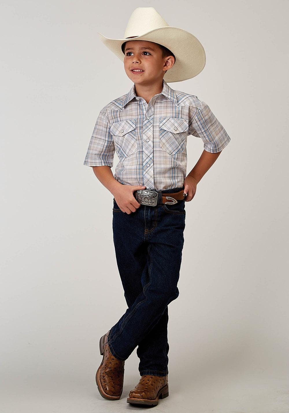 BOYS SHORT SLEEVE SNAP MULTI PLAID WESTERN SHIRT