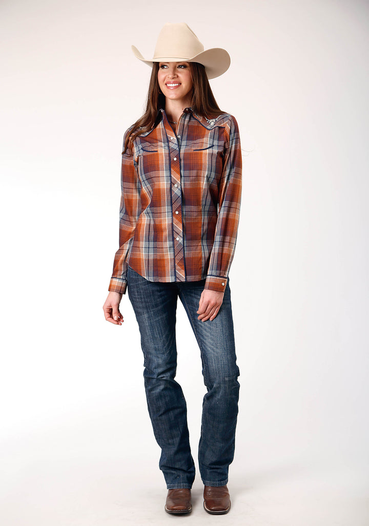 WOMENS LONG SLEEVE SNAP BROWN NAVY CREAM PLAID WESTERN SHIRT WITH PIPING AND EMBROIDERY ON YOKES