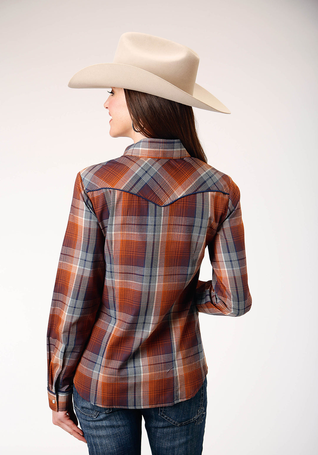 WOMENS LONG SLEEVE SNAP BROWN NAVY CREAM PLAID WESTERN SHIRT WITH PIPING AND EMBROIDERY ON YOKES
