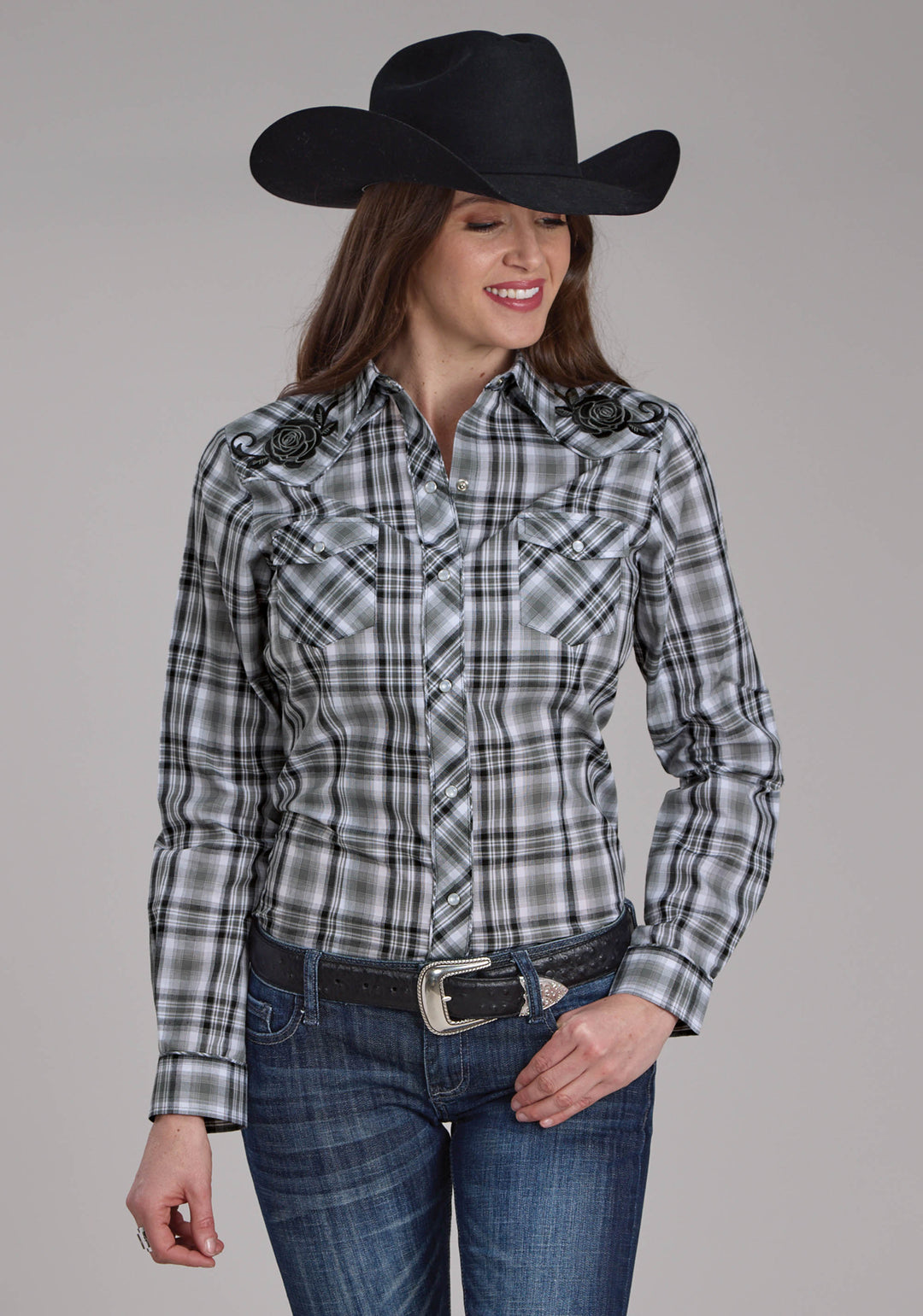 WOMENS GRAY BLACK AND WHITE PLAID LONG SLEEVE SNAP WESTERN SHIRT