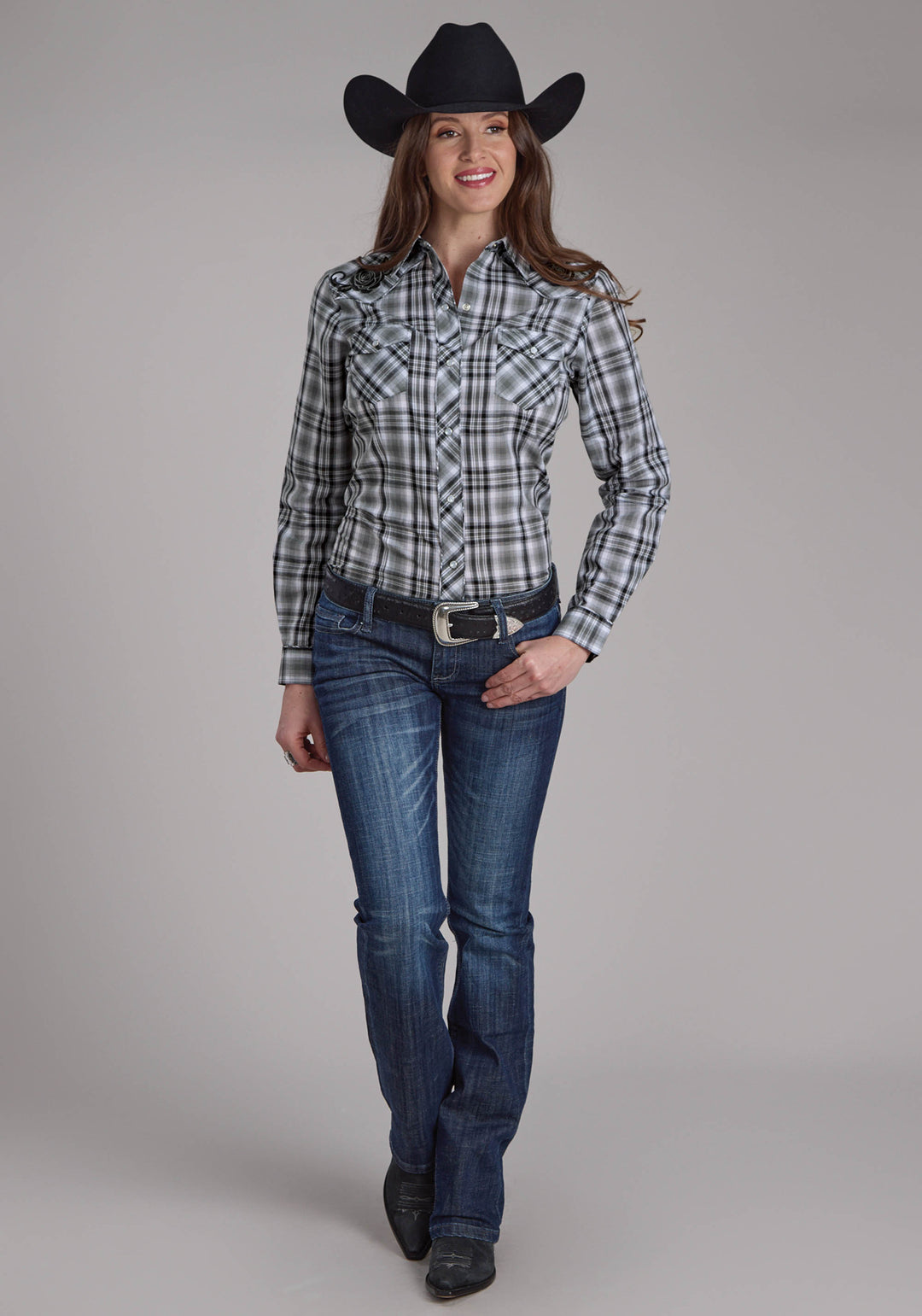 WOMENS GRAY BLACK AND WHITE PLAID LONG SLEEVE SNAP WESTERN SHIRT