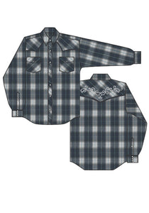 WOMENS LONG SLEEVE SNAP NAVY GREY  AND LIGHT BLUE LG SCALE PLAID WESTERN SHIRT
