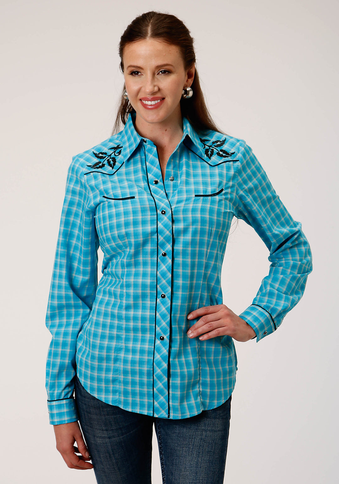 WOMENS LONG SLEEVE SNAP TURQUOISE AND GREY SMALL SCALE PLAID WESTERN SHIRT