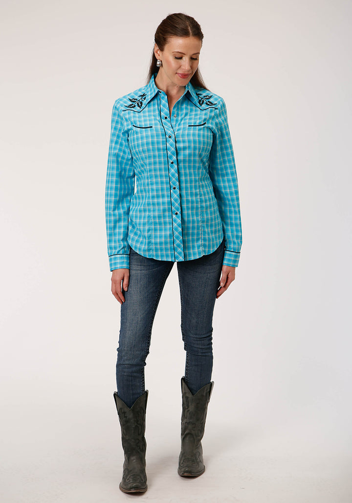 WOMENS LONG SLEEVE SNAP TURQUOISE AND GREY SMALL SCALE PLAID WESTERN SHIRT
