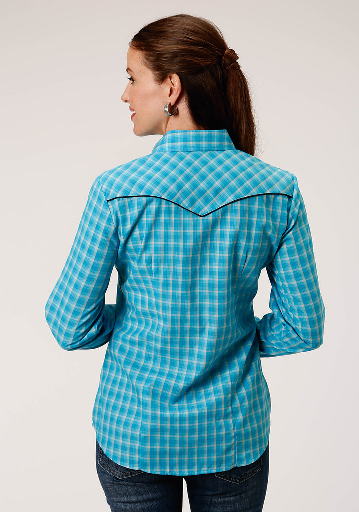 WOMENS LONG SLEEVE SNAP TURQUOISE AND GREY SMALL SCALE PLAID WESTERN SHIRT