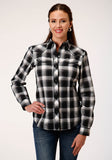 WOMENS LONG SLEEVE SNAP BLACK  CHARCOAL  AND WHITE PLAID WESTERN SHIRT