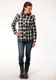 WOMENS LONG SLEEVE SNAP BLACK  CHARCOAL  AND WHITE PLAID WESTERN SHIRT