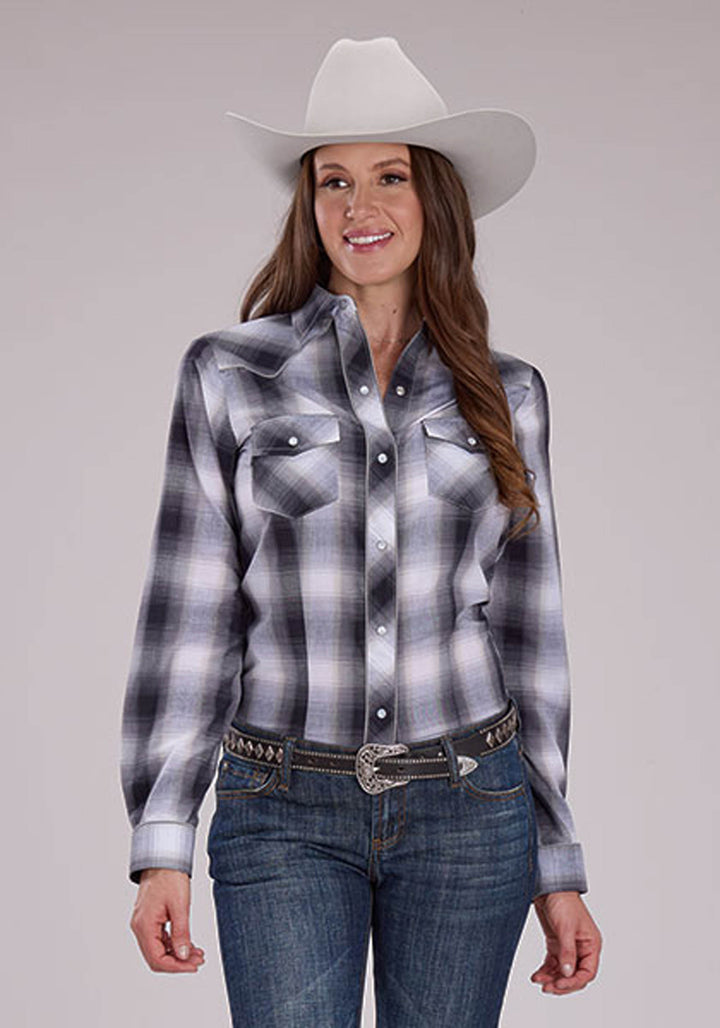 WOMENS GRAY BLACK AND WHITE PLAID LONG SLEEVE SNAP WESTERN SHIRT