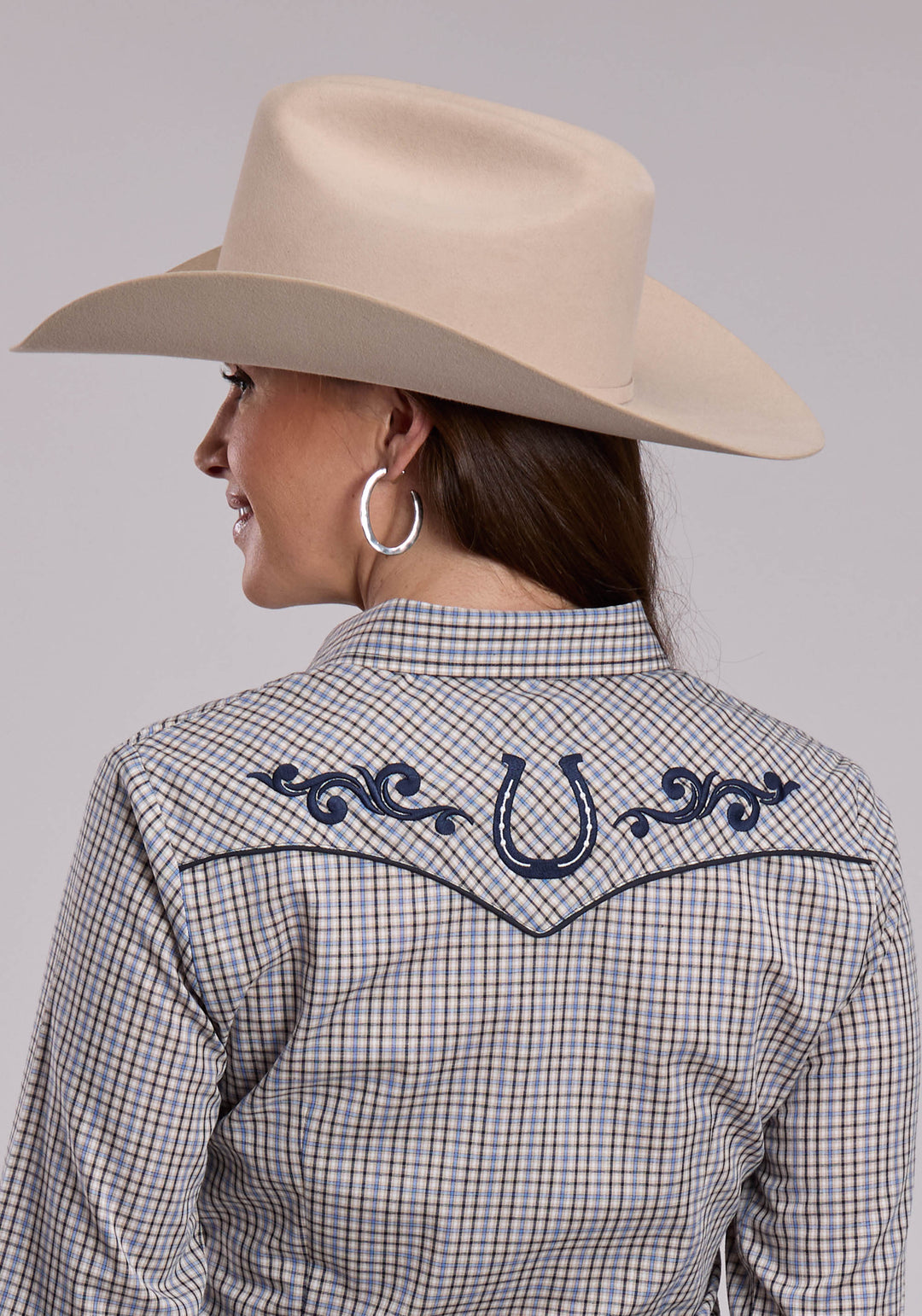 WOMENS ROPER TAUPE BLUE  WHITE PLAID LONG SLEEVE SNAP SHIRT