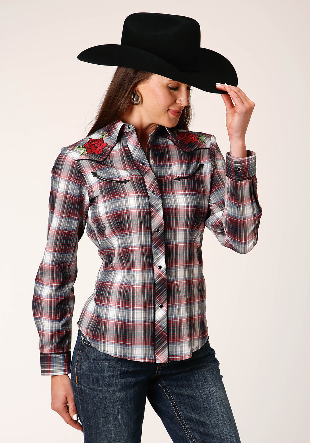 WOMENS LONG SLEEVE SNAP RED BLACK WHITE PLAID WESTERN SHIRT