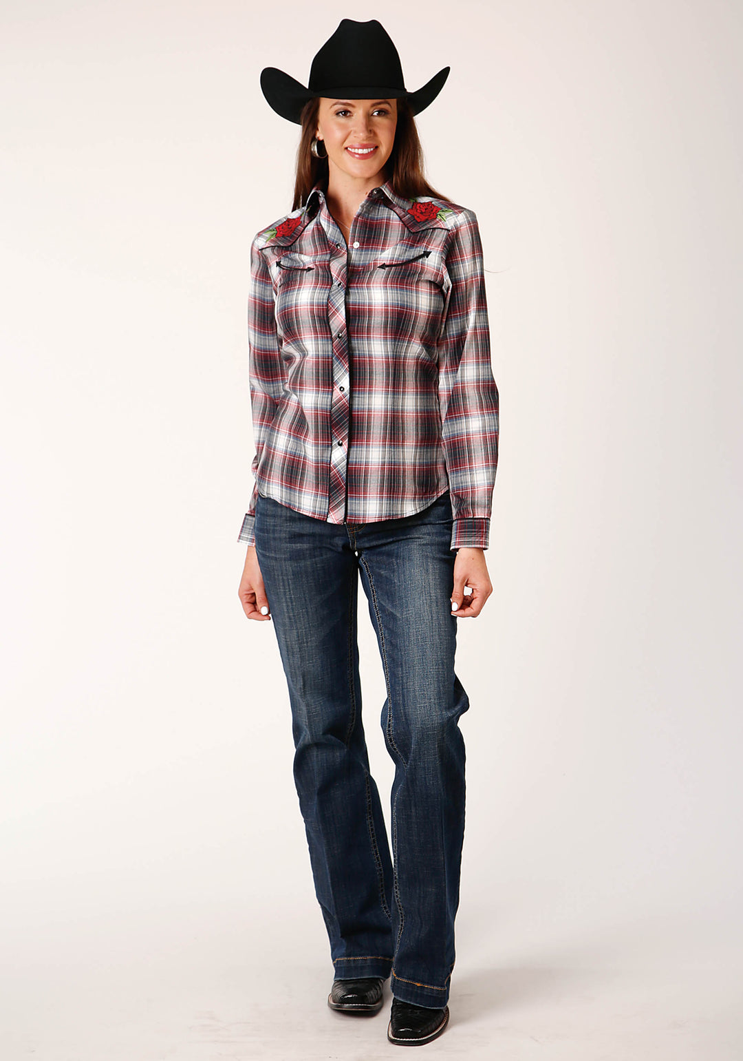 WOMENS LONG SLEEVE SNAP RED BLACK WHITE PLAID WESTERN SHIRT