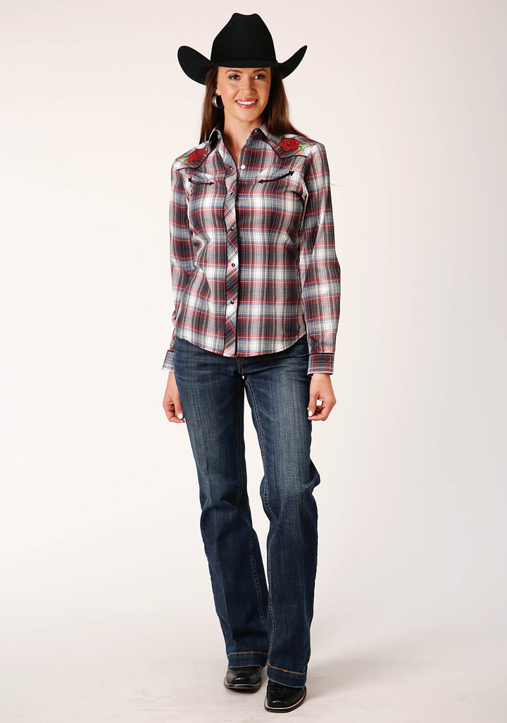 WOMENS LONG SLEEVE SNAP RED BLACK WHITE PLAID WESTERN SHIRT