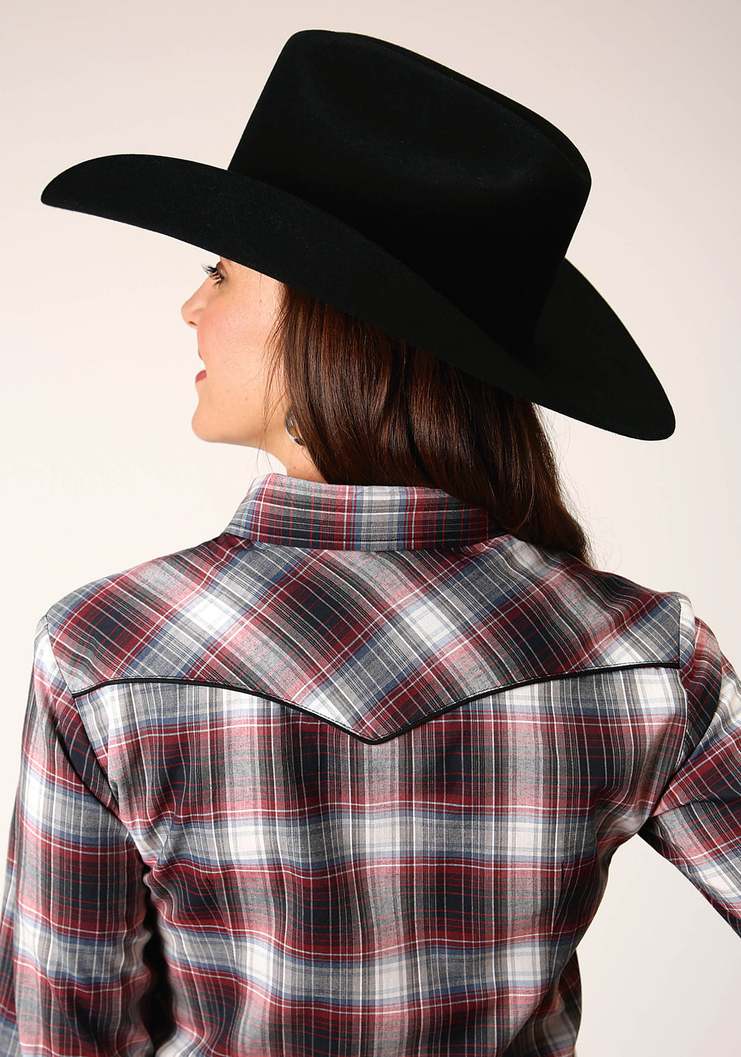 WOMENS LONG SLEEVE SNAP RED BLACK WHITE PLAID WESTERN SHIRT