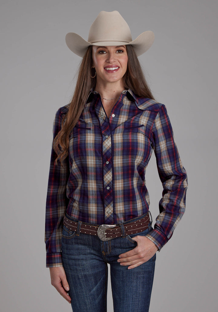 WOMENS NAVY CREAM AND RED PLAID, SMILE POCKET LONG SLEEVE SNAP WESTERN SHIRT