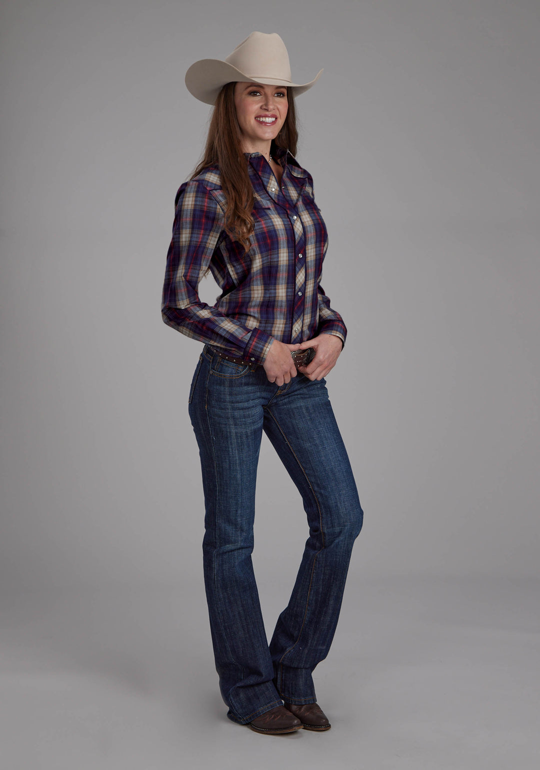WOMENS NAVY CREAM AND RED PLAID, SMILE POCKET LONG SLEEVE SNAP WESTERN SHIRT