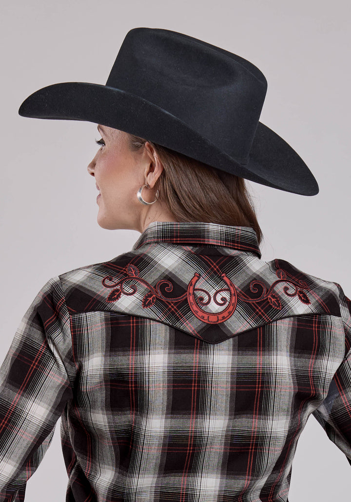 WOMENS LONG SLEEVE SNAP BLACK WHITE RED PLAID WESTERN SHIRT