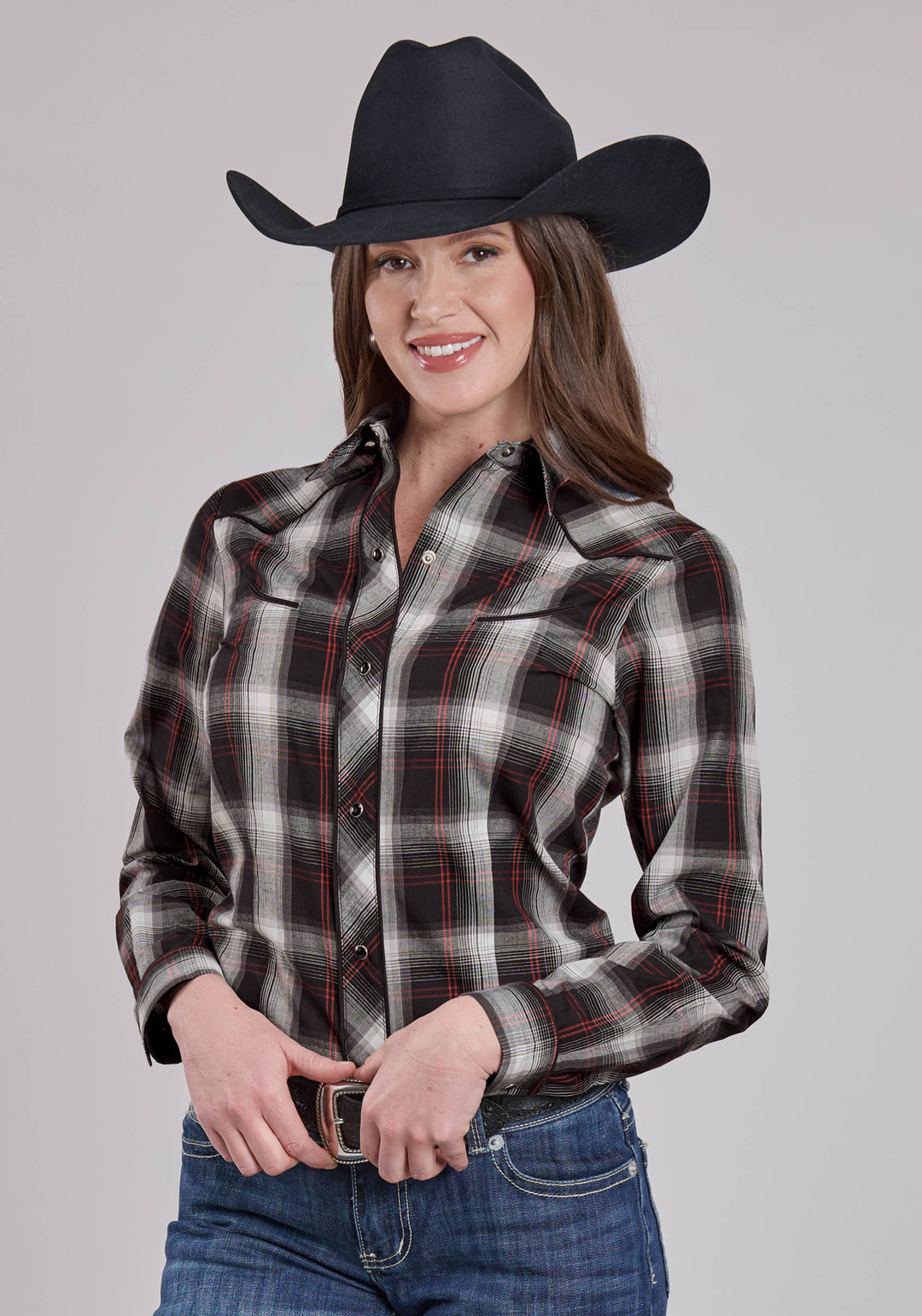 WOMENS LONG SLEEVE SNAP BLACK WHITE RED PLAID WESTERN SHIRT