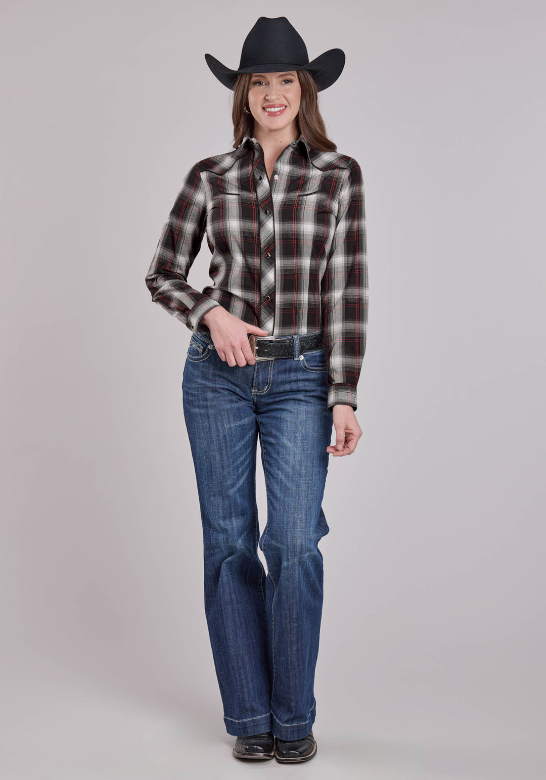 WOMENS LONG SLEEVE SNAP BLACK WHITE RED PLAID WESTERN SHIRT