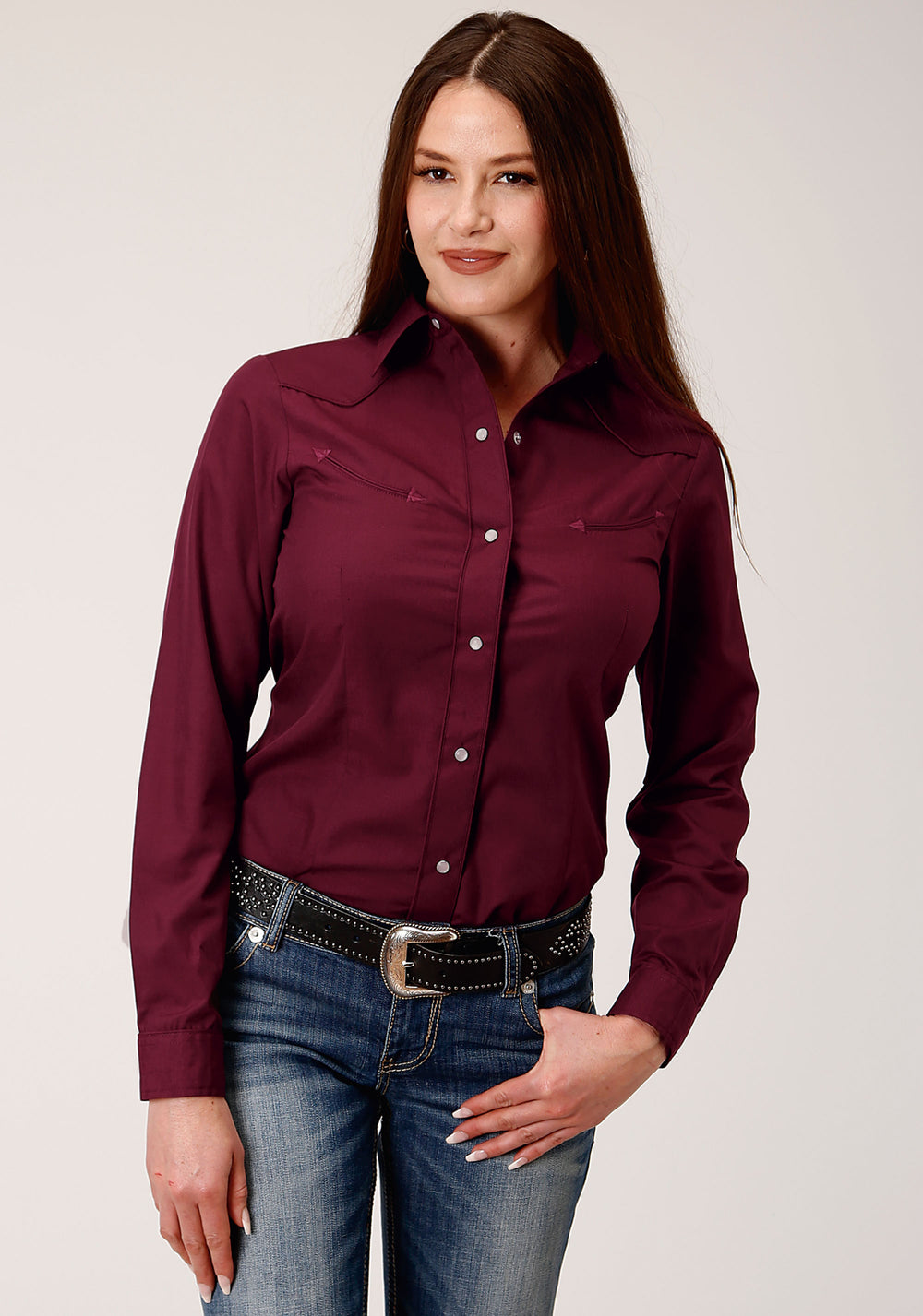 WOMENS LONG SLEEVE SNAP SOLID BROADCLOTH  WINE WESTERN SHIRT