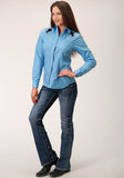 WOMENS LONG SLEEVE SNAP SOLID BROADCLOTH  HERITAGE BLUE WESTERN SHIRT