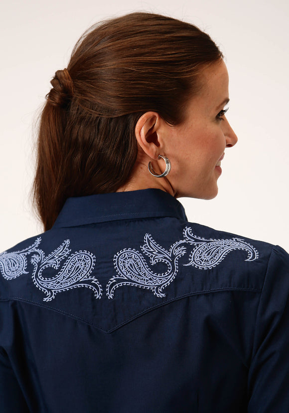 WOMENS LONG SLEEVE SNAP SOLID NAVY BLUE WESTERN SHIRT