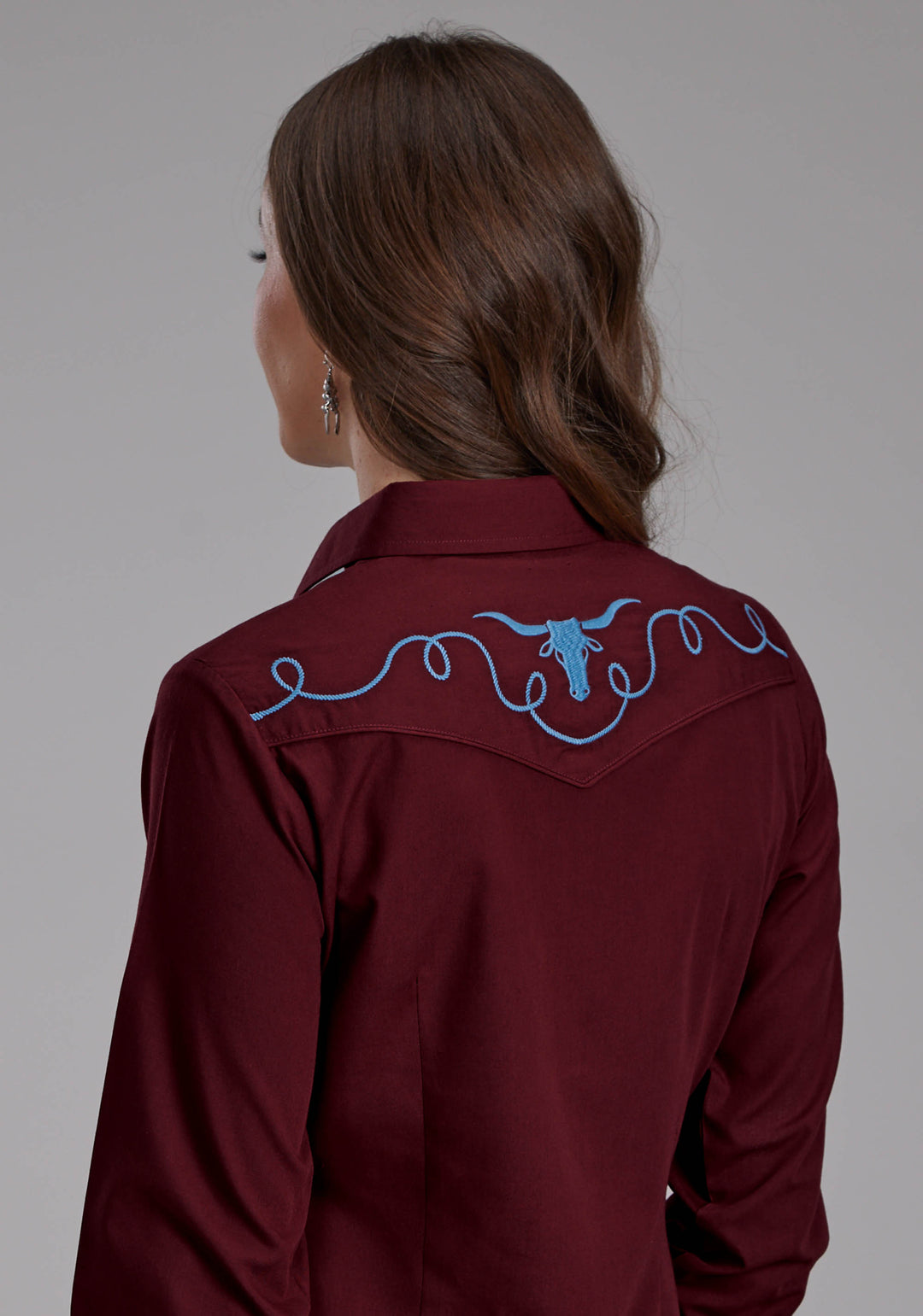 WOMENS SOLID WINE LONG SLEEVE SNAP WESTERN SHIRT