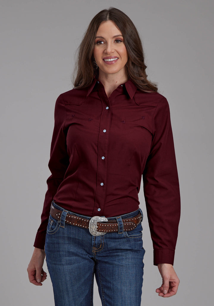 WOMENS SOLID WINE LONG SLEEVE SNAP WESTERN SHIRT