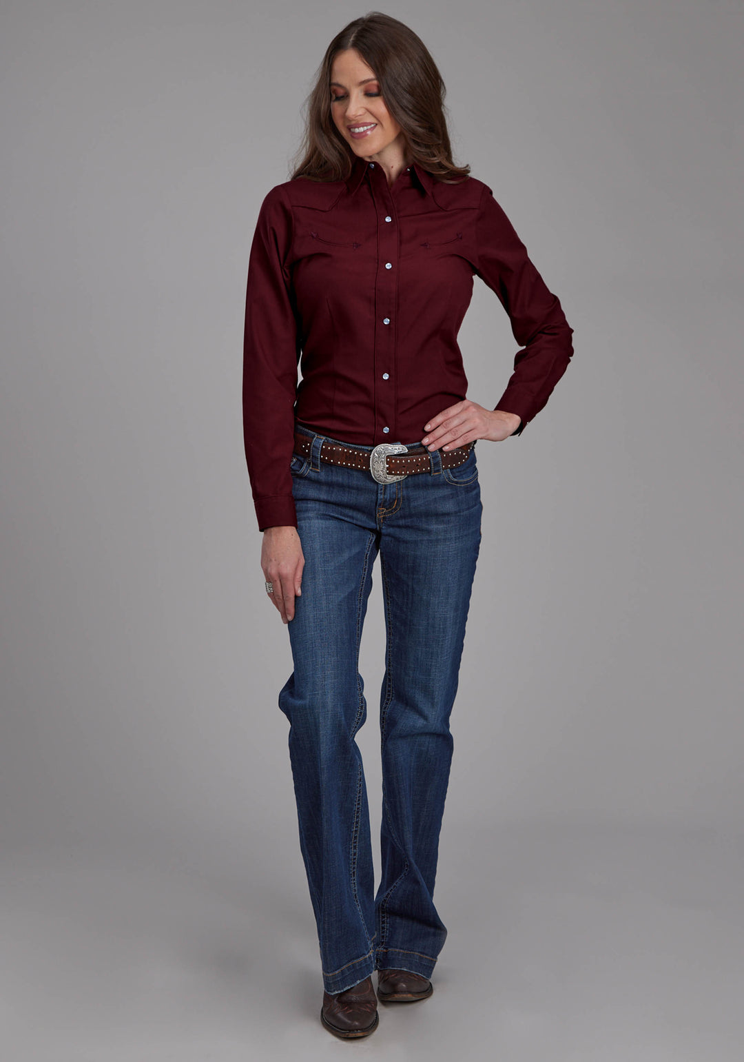 WOMENS SOLID WINE LONG SLEEVE SNAP WESTERN SHIRT