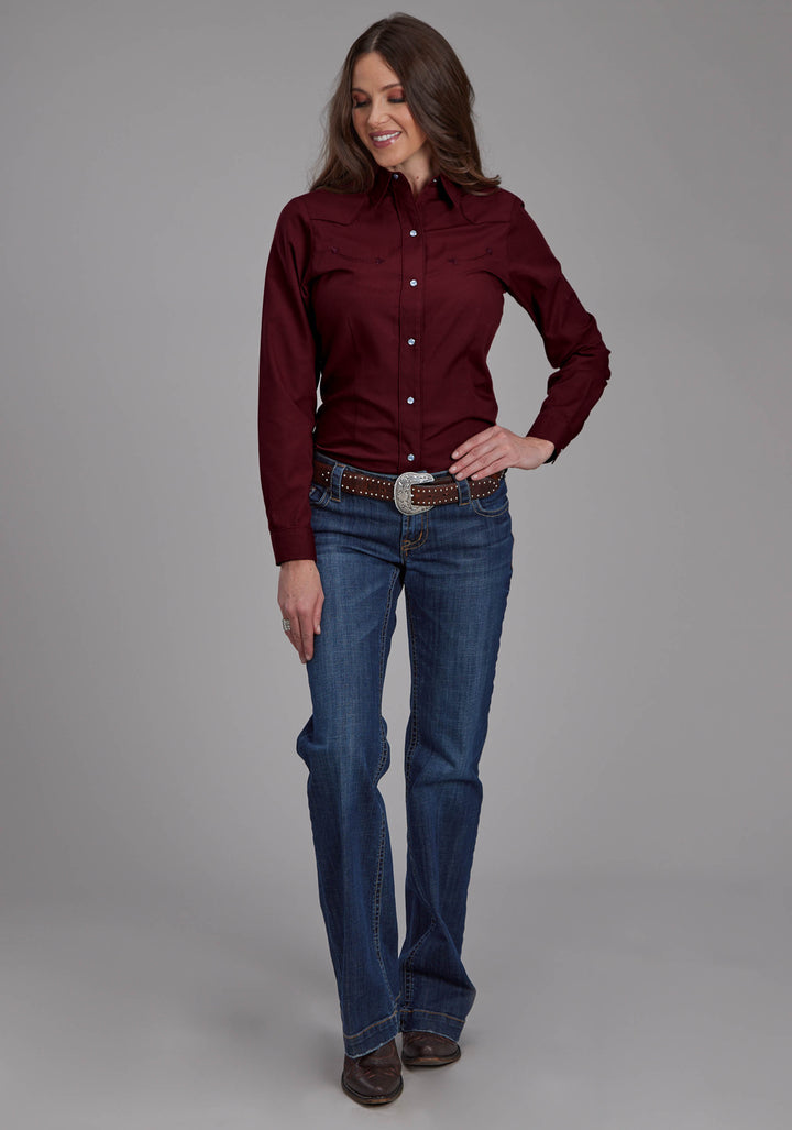 WOMENS SOLID WINE LONG SLEEVE SNAP WESTERN SHIRT