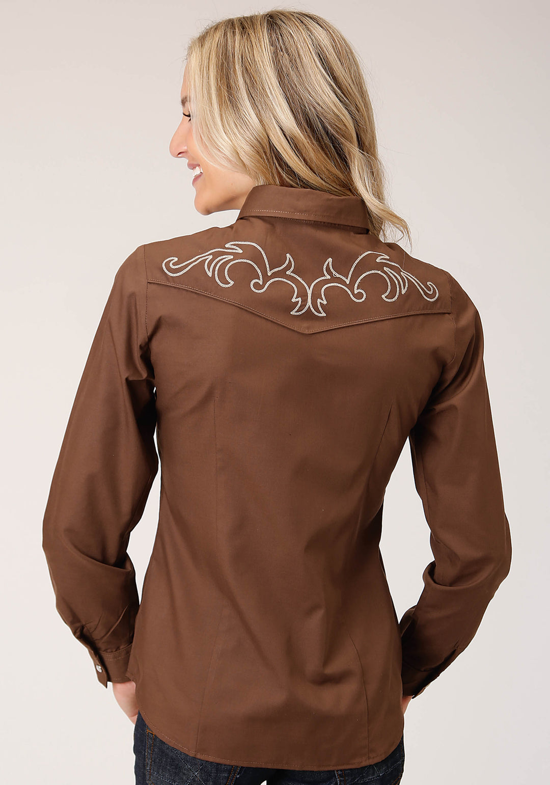 WOMENS LONG SLEEVE SNAP SOLID WARM BROWM BROADCLOTH WESTERN SHIRT