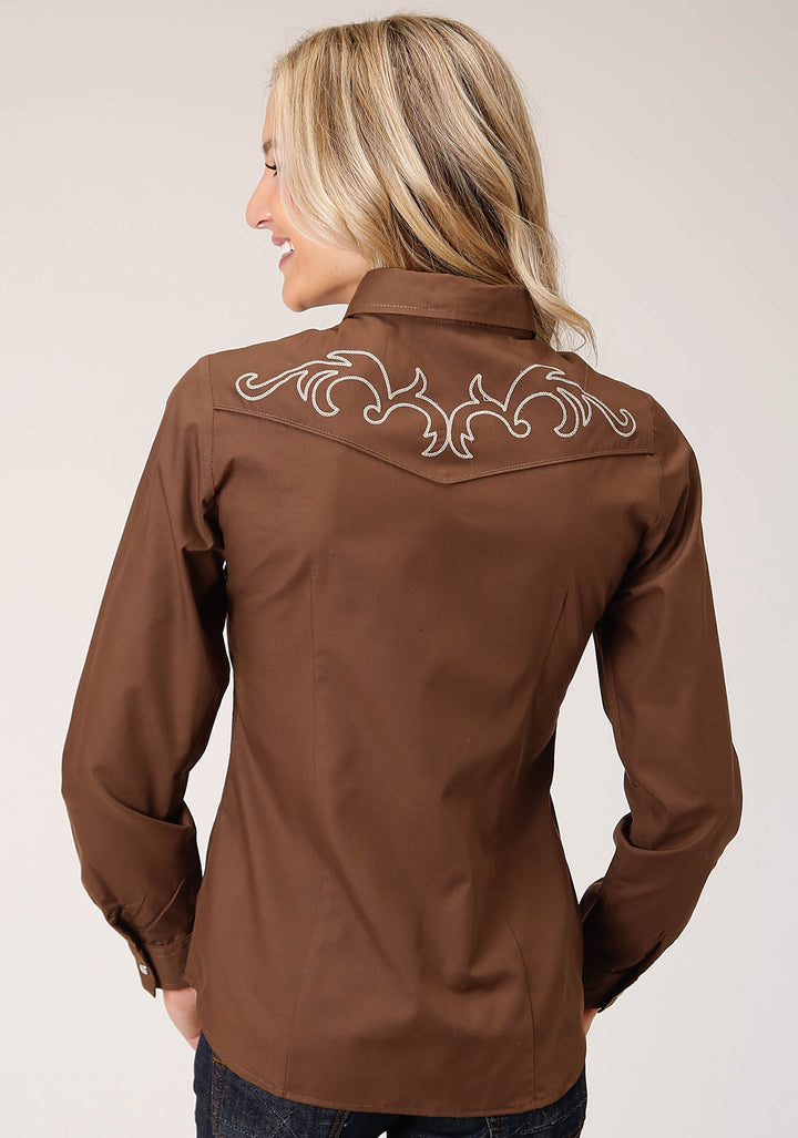 WOMENS LONG SLEEVE SNAP SOLID WARM BROWM BROADCLOTH WESTERN SHIRT