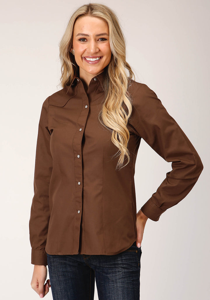 WOMENS LONG SLEEVE SNAP SOLID WARM BROWM BROADCLOTH WESTERN SHIRT