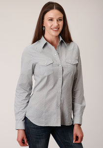 WOMENS LONG SLEEVE SNAP GREY AND WHITE PRINT WESTERN SHIRT