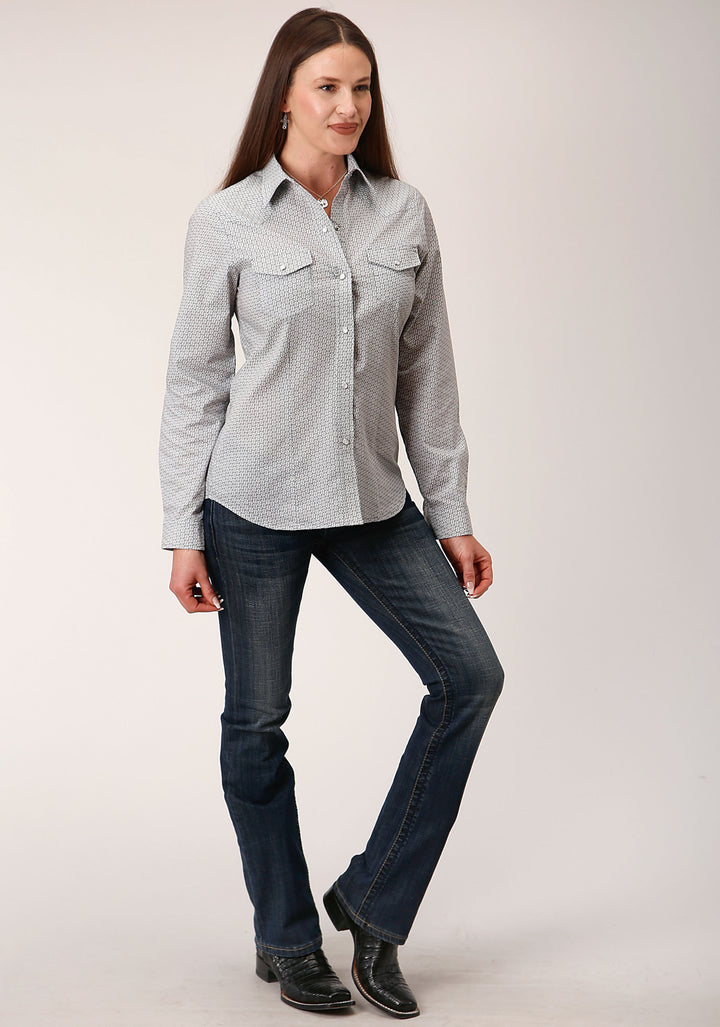 WOMENS LONG SLEEVE SNAP GREY AND WHITE PRINT WESTERN SHIRT
