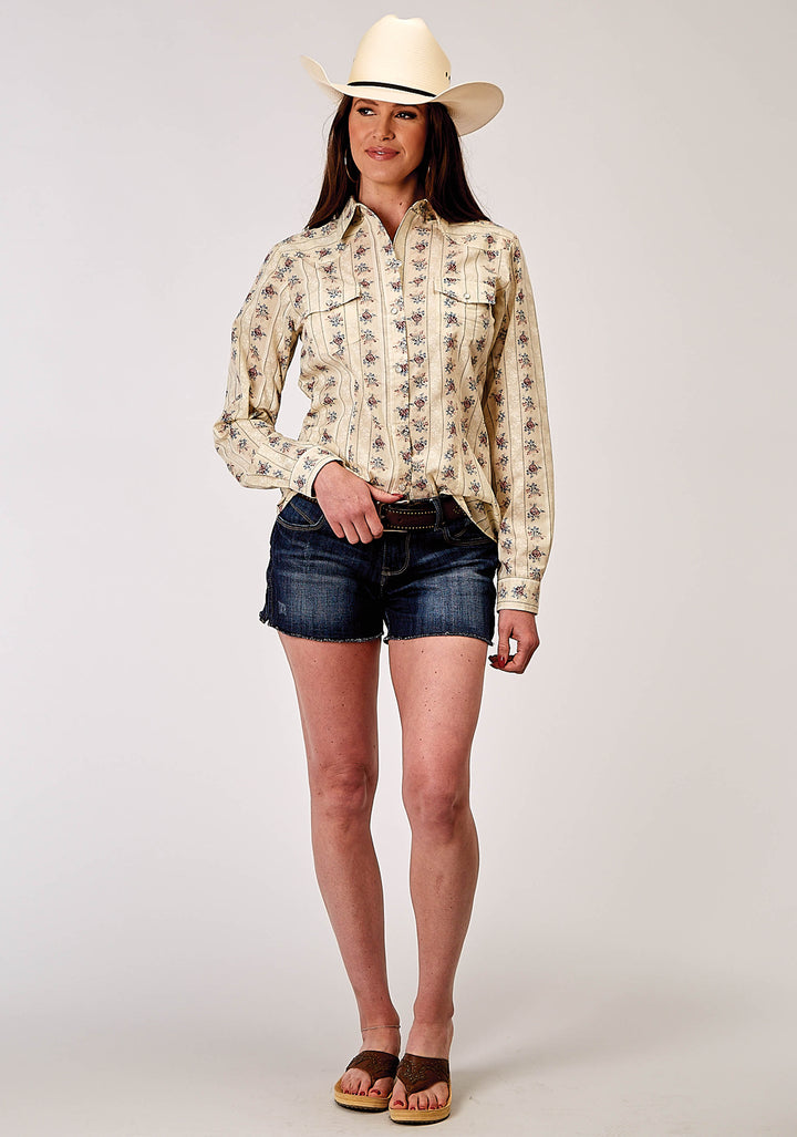 WOMENS LONG SLEEVE SNAP FLORAL STRIPE WESTERN SHIRT