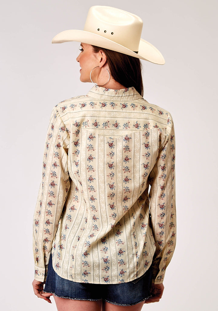 WOMENS LONG SLEEVE SNAP FLORAL STRIPE WESTERN SHIRT