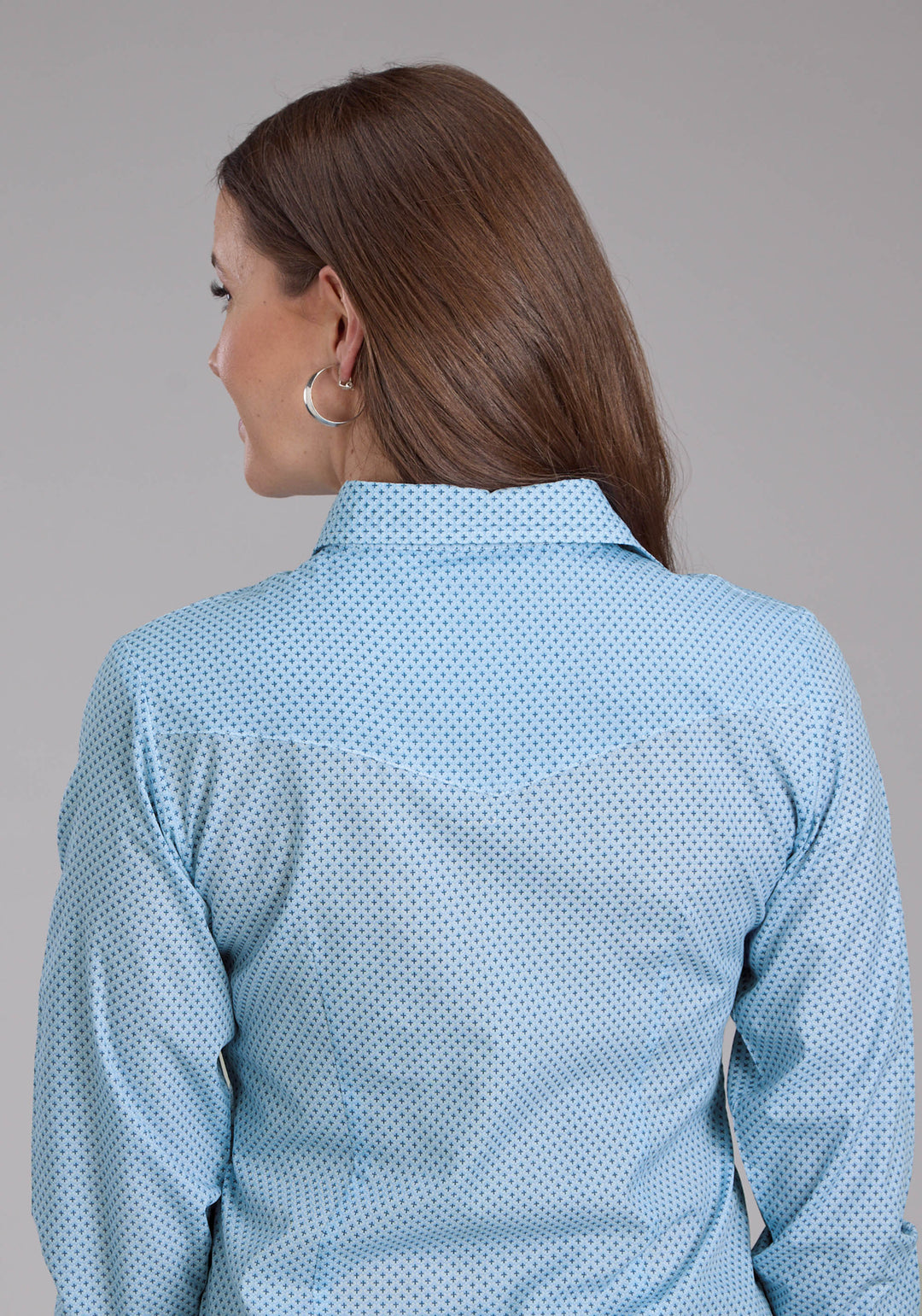 WOMENS BLUE MINI CROSS PRINT LONG SLEEVE SNAP WESTERN SHIRT
