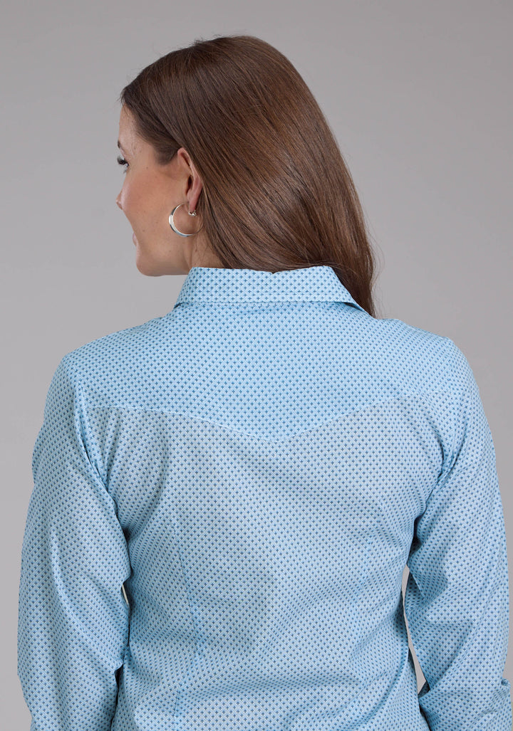 WOMENS BLUE MINI CROSS PRINT LONG SLEEVE SNAP WESTERN SHIRT