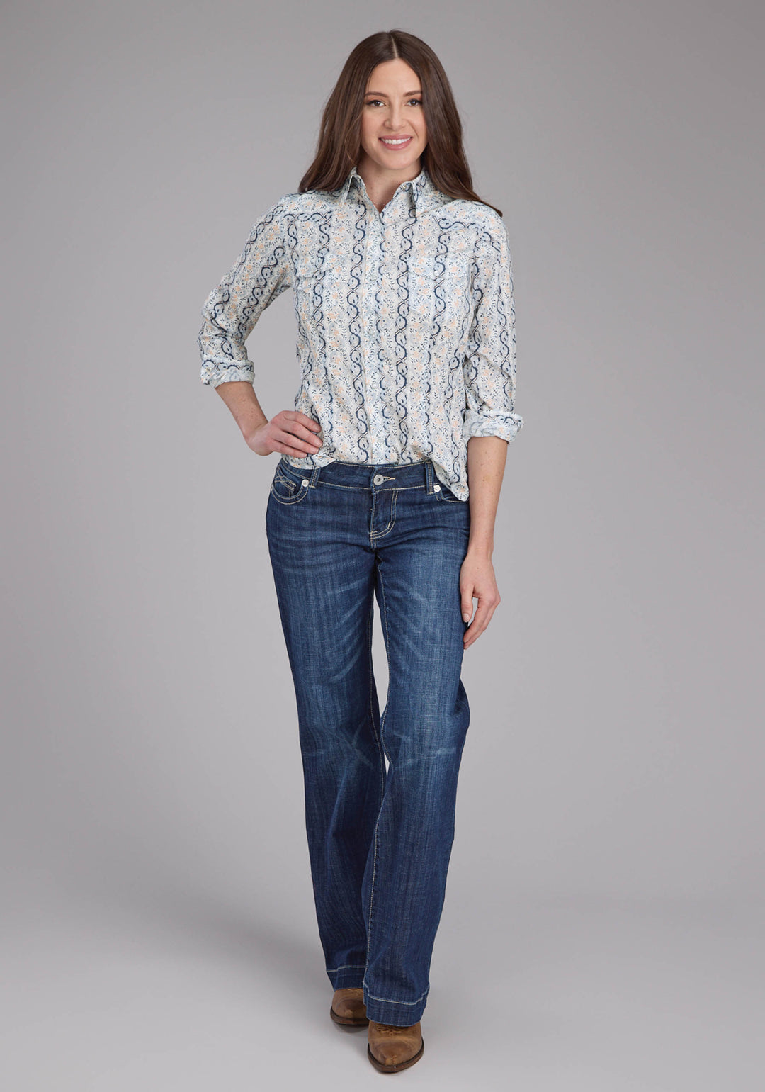 WOMENS PAISLEY TRELLIS PRINT LONG SLEEVE SNAP WESTERN SHIRT