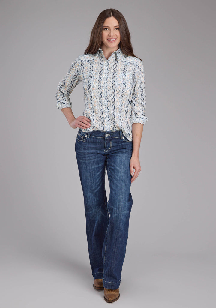 WOMENS PAISLEY TRELLIS PRINT LONG SLEEVE SNAP WESTERN SHIRT