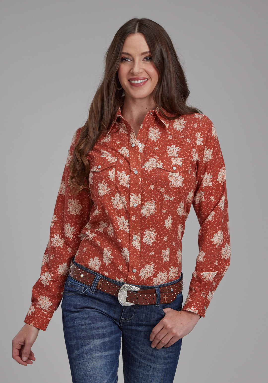 WOMENS ORANGE AND CREAM FLORAL LONG SLEEVE SNAP WESTERN SHIRT